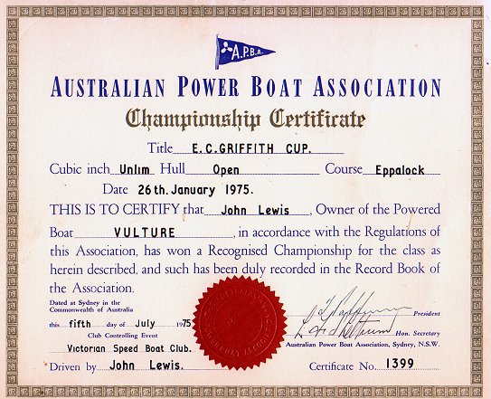 E.C. GRiffith Cup Chamionship Certificate 1975