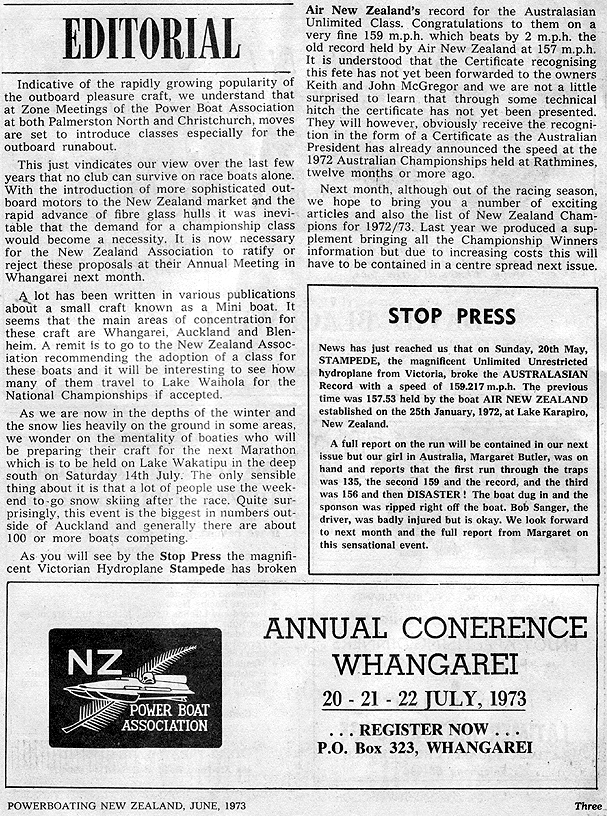 PowerBoating New Zealand Editorial June 1973